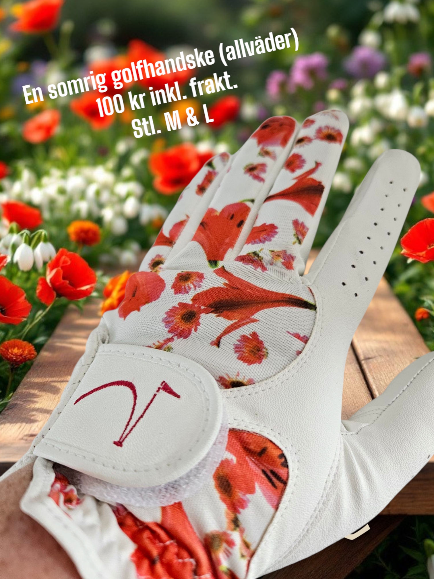 Vit golfhandske med rött blommönster